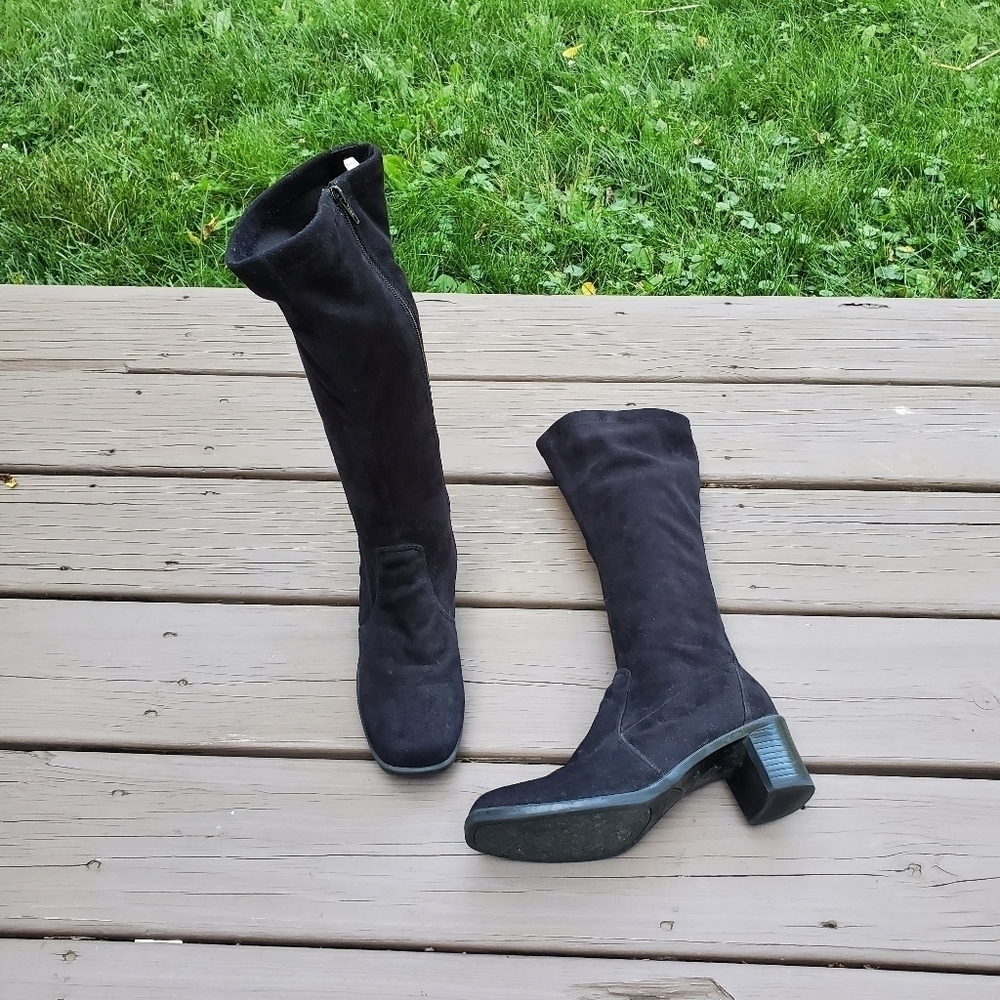Vintage 90s y2k Bratz Black Faux‎ Suede Vegan Square Toe Chunky Heel Sock Boots
